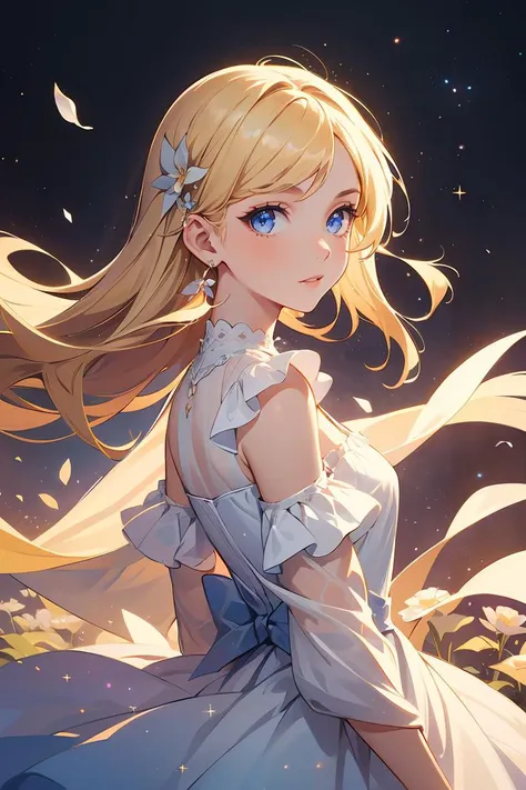 (best quality, masterpiece), 1girl, galaxy, glitter, dress, particle, wind, flower, upper body, dark simple background, looking at viewer, blonde,<lora:GoodHands-beta2:1>,