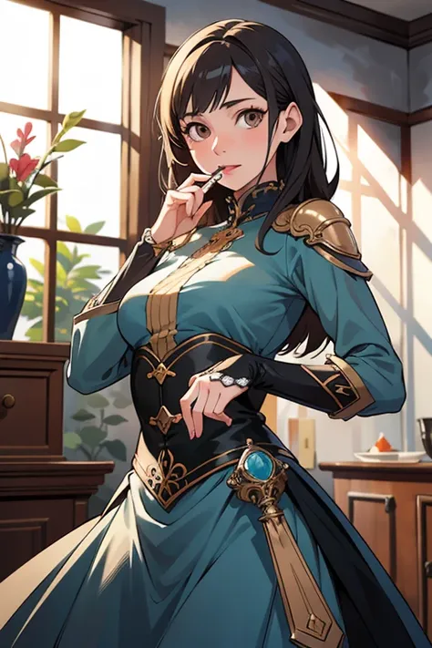 (masterpiece, best quality, official art, NSFW, medium shot, indoor, detailed background, intricate details, soft lights, muted colors, HDR, playful, flirting with viewer, dynamic action pose), a woman in a cosplay holding a knife in her hand and looking at the camera with a surprised look on her face, fantasy art