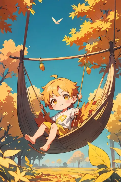 (chibi:1.2),Draw a boy swinging in a hammock,Birds nearby,Praise Artstyle,Lofi art,animeaesthetic,autumnal,Sunnyday,On a sunny day,Yellow leaves and meadows,Yellow fruits grow on trees,lofi feel,on a bright day,High-quality fanart,autumnal,Yellow leaves,<lora:GoodHands-beta2:1>,