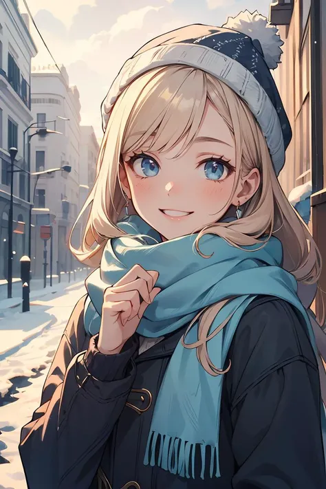 a young woman, kpop idol,age 20, wearing winter clothing with a warm scarf and a cozy hat, smiling gently, upper body framing, on a snowy street in Madrid under the soft diffused lighting of a cloudy winter day,  in the style of Alberto Seveso., (masterpiece, best quality, hires, high resolution:1.2, 8k , high quality), extremely detailed,  intricate details, highres ,<lora:GoodHands-beta2:1>,
