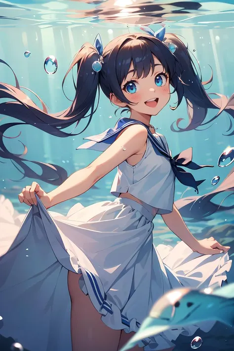 1girl,solo,dress,smile,long hair,bangs,bare arms,ribbon,teeth,bare shoulders,skirt hold,frills,water,blush,frilled dress,blue sailor collar,floating hair,depth of field,bow,blurry,blue ribbon,twintails,sleeveless,underwater,fish,blue eyes,bubble,air bubble,looking at viewer,sleeveless dress,sailor dress,:d,sailor collar,<lora:GoodHands-beta2:1>,