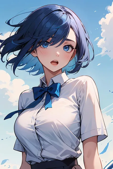 masterpiece, best quality, solo, petite, short hair, blue hair, straight hair, blue eyes, white shirt, open mouth, bowtie, large breasts, button gap, blank eyes, blue sky, wind,