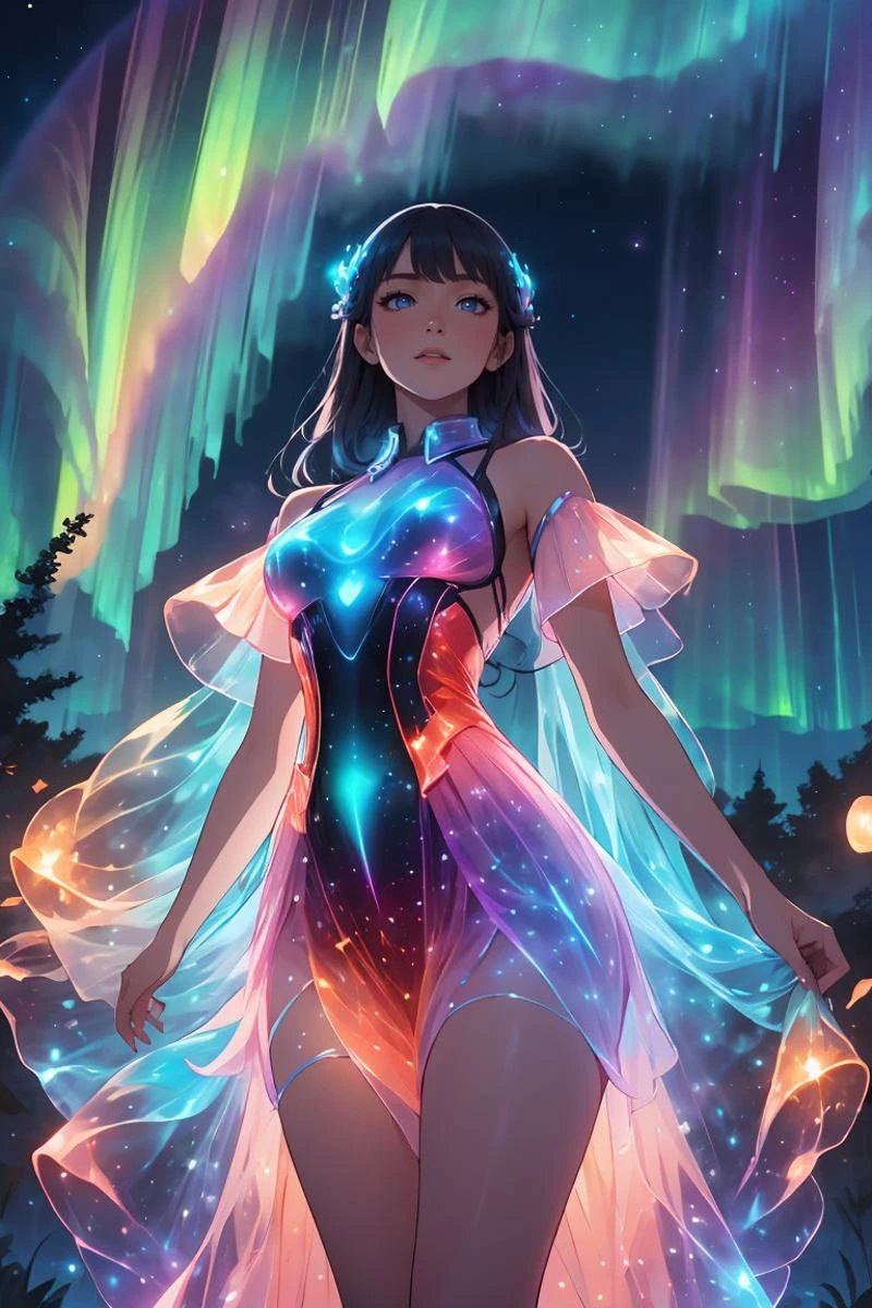 breathtaking 8k, masterpiece, solo sexy woman, (rainbow gradient bioluminescent dress), (starry night background), nebula, aurora, ((outdoors)), dark background, from below,<lora:bioluminescent_dress-1.0:1>,bioluminescent dress,