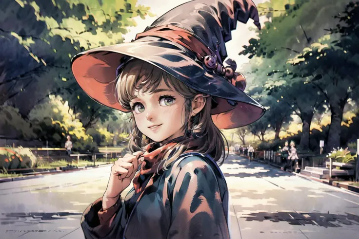 Canon PowerShot S100,masterpiece,best quality,absurdres,detailed background,perfect correct anatomy,portrain,looking at viewer,1girl,solo,a young preteen elf:1.3 witch in a fantasy forest,looking in surprise,shy,smile eyes,day,sunlight,witch hat,witches belt,(brilliant blonde:1.2 hair),witches clothes,pastel colors,soft shadow,chromatic aberration,<lora:add_detail:0.43>,<lyco:GoodHands-beta2:1>,<lora:age_slider_v6:-2>,<lora:Kitazume_Hiroyuki_style_v01:0.75>,21thkitazume,<lora:try2:0.75>