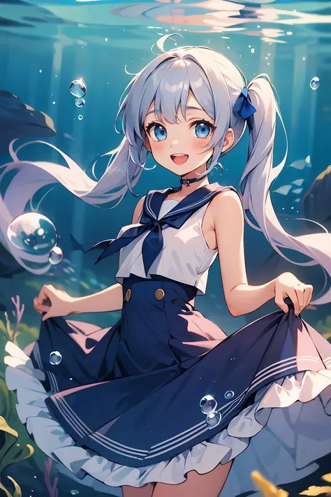 1girl,solo,dress,smile,long hair,bangs,bare arms,ribbon,teeth,bare shoulders,skirt hold,frills,water,blush,frilled dress,blue sailor collar,floating hair,depth of field,bow,blurry,blue ribbon,twintails,sleeveless,underwater,fish,blue eyes,bubble,air bubble,looking at viewer,sleeveless dress,sailor dress,:d,sailor collar,<lora:GoodHands-beta2:1>