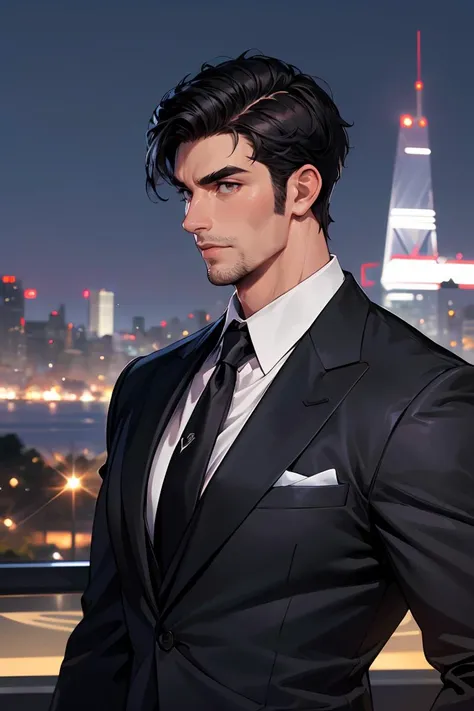 (absurdres, highres, ultra detailed, realistic, ), 1 male, solo, adult, mature, tall muscular guy, broad shoulders, handsome, very short hair, black hair, brown eyes, angular jaw, thick neck, thick eyebrows, night, dark, the night view of the city background, formal suit, necktie, upper body ,<lora:more_details:0.3>,<lora:GoodHands-beta2:1>,