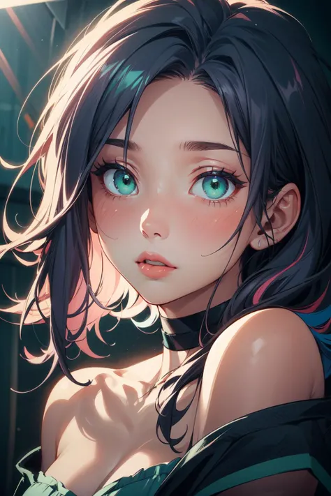 portrait of a girl with vibrant streaked hair, green eyes, soft pastel colors, detailed face features, dreamy expression, choker, bare shoulders <lora:ip-adapter-faceid-plusv2_sd15_lora:0.6>, (highres, highly detailed:1.2), cinematic lighting, vibrant colors, <lora:epi_noiseoffset2:0.25>, <lora:more_details:0.25>