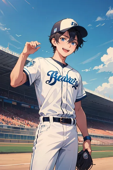 masterpiece,best quality,1male,male focus,solo,belt,blue eyes,hat,open mouth,smile,sportswear,baseball cap,white pants,pants,baseball uniform,short hair,sky,shirt,Racetrack background ,looking at viewer,black hair,blue sky,blue headwear,day,black belt,short sleeves,outdoors,standing,:d,white shirt,cowboy shot,teeth,<lora:GoodHands-beta2:1>,