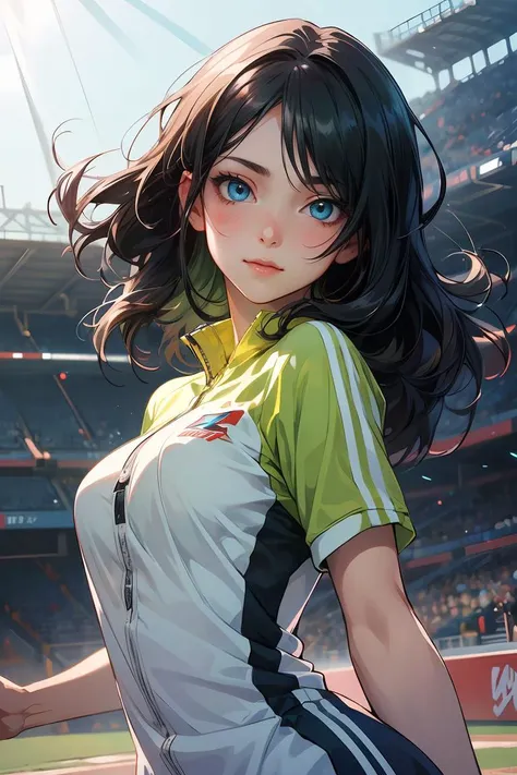 Cowboy Shot,((glossy eyes)),1girl,20s,light_smile,closed_mouth,long black hair,dark blue eyes,track suit,in a baseball field,upper body,(masterpiece, best quality, ultra-detailed),(an extremely delicate and beautiful,hyper photorealistic:1.1),(high resolution,official art:1,2),(depth_of_field:1.25),(hyper realistic shadows, hyper realistic textures, hyper realistic lights, hyper realistic skin, hyper realistic eyes, hyper realistic face, hyper realistic body, hyper realistic hair, hyper realistic background:1.1),(dynamic angle:1.2),focus,overexposure,(illustration,beautifully painted:1.1),(cinematic lighting:1.2),(light_green:1.3),Personage as the main perspective,neat figure,(beautiful detailed eyes:1.1),(dynamic angle:1.2),(extremely detailed anime:1.3),(a extremely delicate and beautiful woman:1.1),(illumination:1.2),<lora:GoodHands-beta2:1>,<lora:more_details:0.3>,<lora:GPTS4 dreamwave full_478773:0.3>,