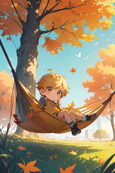 (chibi:1.2),Draw a boy swinging in a hammock,Birds nearby,Praise Artstyle,Lofi art,animeaesthetic,autumnal,Sunnyday,On a sunny day,Yellow leaves and meadows,Yellow fruits grow on trees,lofi feel,on a bright day,High-quality fanart,autumnal,Yellow leaves,<lora:GoodHands-beta2:1>,