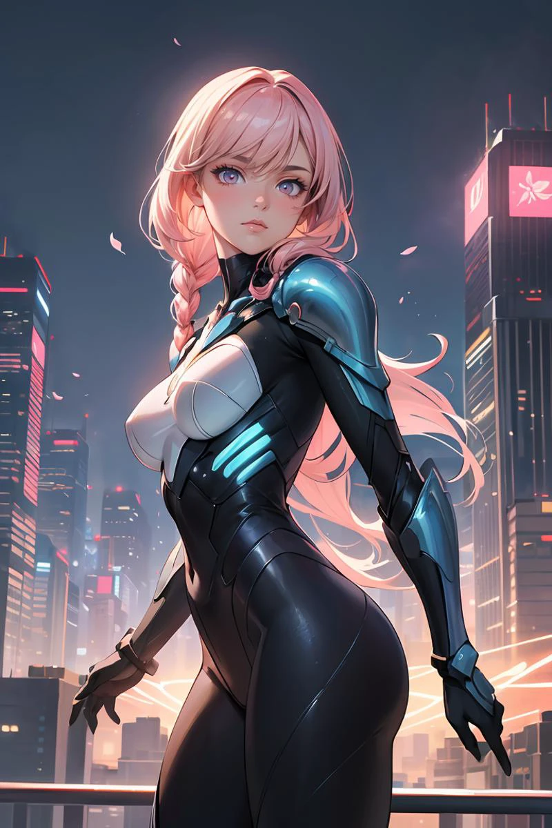 (impasto paintings:1.2),cowboy shot ,realistic, best quality, masterpiece, realistic ,<lora:more_details:0.3>, Smooth, metallic armor that covers every inch of the alien's body, with glowing energy shields extending from the shoulders., cute girl, dazzling Cherry blossom pink eyes, hanging breasts, Blue french braid hair, A futuristic city with sleek skyscrapers and flying cars, thick lines, anime style,<lora:GoodHands-beta2:1>