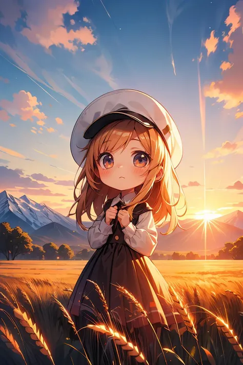 masterpiece,best quality,landscape,1girl,hat,wheat,farm,sunset,lens flare,mountain,clouds,<lora:more_details:0.3>,<lora:GoodHands-beta2:1>,(chibi:1.2),