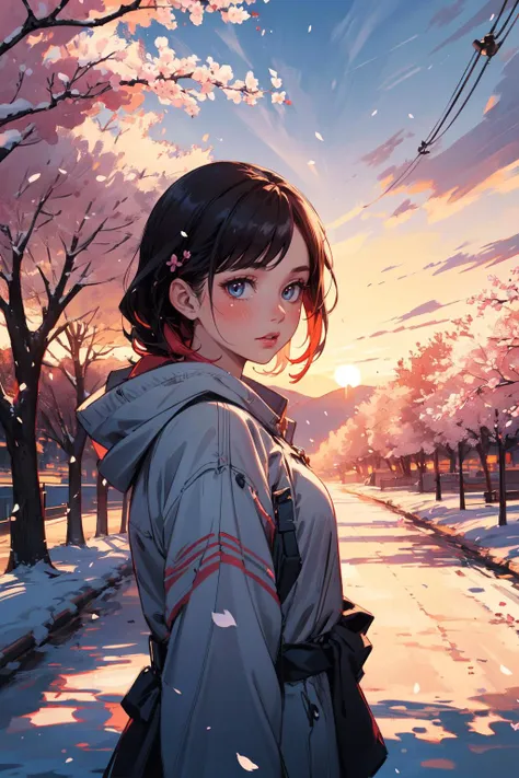 illustration, girl, snow, sunset, stunning environment, cherry blossom trees, (highres, highly detailed:1.2), cinematic lighting, vibrant colors, <lora:epi_noiseoffset2:0.25>, <lora:more_details:0.25>