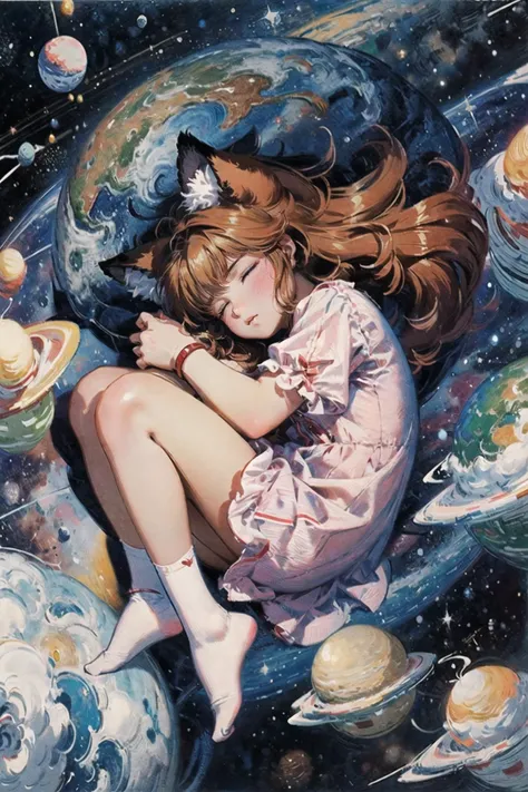 Canon PowerShot SX520 HS,masterpiece,best quality,absurdres,detailed background,perfect correct anatomy,portrain:1.35,1girl,[solo:medium:1.25],a young  (red foxgirl:1.5 sleeping in the fetal position:1.25),([hugs:1.4 the planet earth:medium:1.45] in space:1.3),serious,severe eyes,fluffy tail,space,stars,galaxy,nightie,(brilliant red:1.2 hair),long hair,wild hair,pastel colors,soft shadow,chromatic aberration,ambient cclusion,cimenatic light,<lora:add_detail:0.43>,<lyco:GoodHands-beta2:1>,<lora:age_slider_v6:-2>,<lora:hado_style_v01.1final:0.55>,<lora:oil_painting_v1:0.85>,<lora:Kitazume_Hiroyuki_style_v01.08:0.45>,21thkitazume
