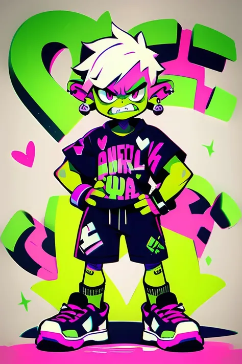 mw_tuya,text,emoji,green skin, shorts, jewelry, 1Orc, pink footwear, clenched teeth, earrings, standing, socks, pink eyes, full body, hand on hip, teeth, sneakers,white hair, skull print, heart, short hair, clothes writing, angry,<lora:MW_tuya_V1:0.8>