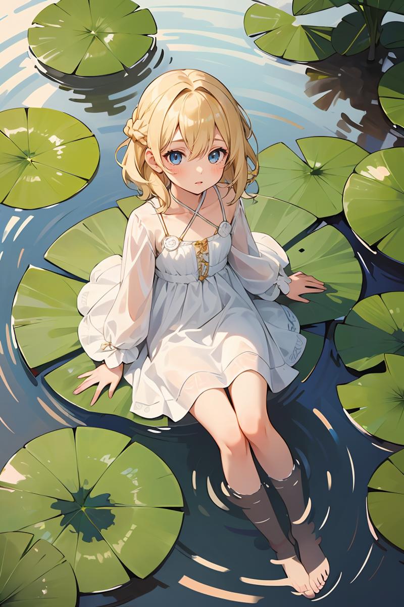 Anime girl sitting in a pond of water with lily pads - SeaArt AI