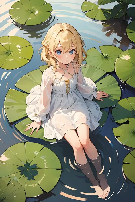 1girl, chest,fairy,blonde hair,medium hair,french braid,white dress,from above,upturned eyes,sitting on a lotus leaf,lotus, feet in the water, ripples,chibi,