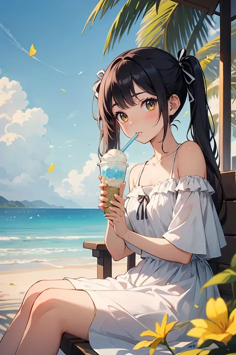 rating:safe, petals, flower, 1girl, white dress, shaved ice, solo, looking at viewer, sitting, drinking straw, bare shoulders, long hair, ocean, dress, collarbone, cup, water, black hair, mouth hold, horizon, twintails, day, outdoors, ribbon, ice cream, disposable cup, food, drink, hair ribbon, wind chime, holding, off shoulder, bangs, beach, sky, yellow flower