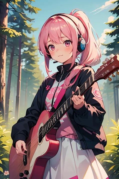 masterpiece,best quality,1  girl very cute with pink hair and blushed,flower,outdoors,playing guitar,music,holding guitar,jacket,:3,shirt,long pinkhair in one side ponytail,pine trees,pink hair,blush stickers,long sleeves,bangs,headphones,flowers,<lora:GoodHands-beta2:1>