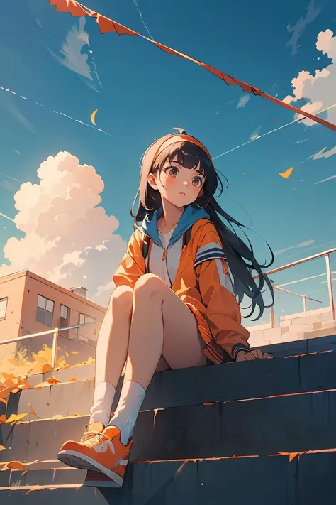 masterpiece,best quality,1girl,solo,sitting,sky,clouds,outdoors,black hair,upward view,blue sky,white socks,daytime,orange jacket,building,long sleeves,leaves,long hair,stairs,red headband,pump Rope,orange shoes,headband,bangs,cloudy sky,from_below,wide_shot,<lora:GoodHands-beta2:1>