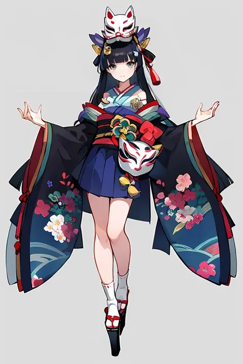 Concept art,Japanese two-dimensional style,game character design,1girl,solo,long hair,black hair,full body,japanese clothes,very long hair,tabi,mask,looking at viewer,wide sleeves,skirt,kimono,platform footwear,standing,socks,geta,bangs,floral print,sash,bell,hair ornament,detached sleeves,fox mask,mask on head,white socks,blunt bangs,obi,<lora:erciyuanV4:0.8>,