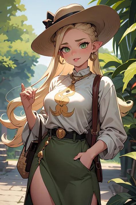 (masterpiece, best quality), female teenager, well-defined, gypsies, green eyes, oval ears, plump cheeks, high forehead, tongue, ash blonde
half-up, half-down hairstyle hair, skepticism
wearing snake scale pattern
slit skirt, suede harlequin
t-shirt bra, wide-brimmed hat, ,carrying case
, hands clasped in front, showing attentiveness