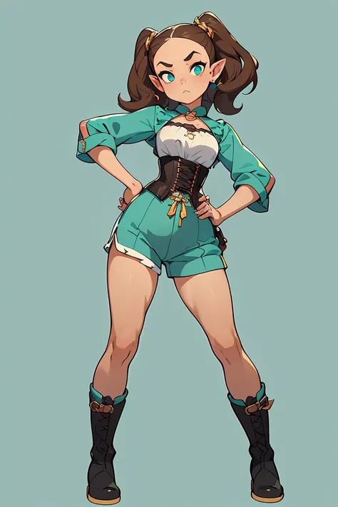 (masterpiece, best quality), female twenty-something, athletic, pacific islander, turquoise eyes, curled ears, round nose, wide chin, asymmetrical forehead, , light brown
long bob hair, annoyance
wearing babydoll, corset-style crop top, boots,
, one hand on hip, displaying attitude