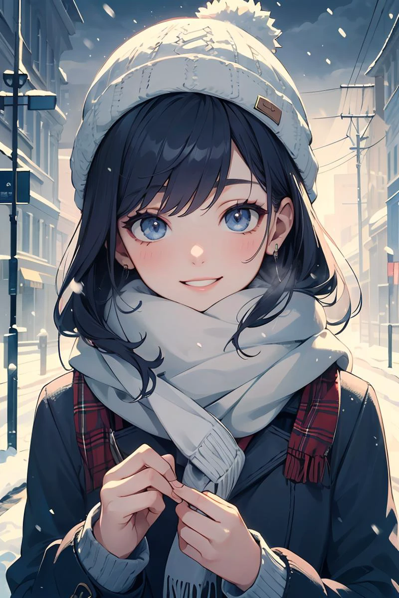a young woman, kpop idol,age 20, wearing winter clothing with a warm scarf and a cozy hat, smiling gently, upper body framing, on a snowy street in Madrid under the soft diffused lighting of a cloudy winter day, in the style of Alberto Seveso., (masterpiece, best quality, hires, high resolution:1.2, 8k , high quality), extremely detailed, intricate details, highres ,<lora:GoodHands-beta2:1>,