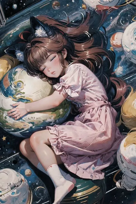 Canon PowerShot SX520 HS,masterpiece,best quality,absurdres,detailed background,perfect correct anatomy,portrain:1.35,1girl,[solo:medium:1.25],a young  (red foxgirl:1.5 sleeping in the fetal position:1.25),([hugs the planet earth:medium:1.45] in space:1.3),serious,severe eyes,fluffy foxtail,space,stars,galaxy,nightie,(brilliant red:1.2 hair),long hair,wild hair,pastel colors,soft shadow,chromatic aberration,ambient cclusion,cimenatic light,<lora:add_detail:0.43>,<lyco:GoodHands-beta2:1>,<lora:age_slider_v6:-2>,<lora:hado_style_v01.1final:0.55>,<lora:oil_painting_v1:0.85>,<lora:Kitazume_Hiroyuki_style_v01.08:0.45>,21thkitazume