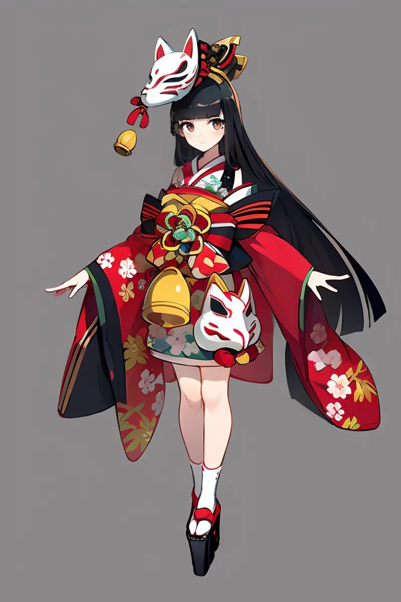 Concept art,Japanese two-dimensional style,game character design,1girl,solo,long hair,black hair,full body,japanese clothes,very long hair,tabi,mask,looking at viewer,wide sleeves,skirt,kimono,platform footwear,standing,socks,geta,bangs,floral print,sash,bell,hair ornament,detached sleeves,fox mask,mask on head,white socks,blunt bangs,obi,<lora:erciyuanV4:0.8>,