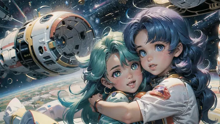 Fujifilm FinePix X100,masterpiece,best quality,absurdres,detailed background,perfect correct anatomy,portrain:1.35,a young  (planetarians:1.25),([hugs:medium:1.45] in space:1.3),happy,smele eyes,space,stars,galaxy,space ship on background,futuristic space suit,(brilliant:1.2 hair),long hair,wild hair,pastel colors,soft shadow,chromatic aberration,ambient cclusion,cimenatic light,<lora:add_detail:0.43>,<lyco:GoodHands-beta2:1>,<lora:age_slider_v6:-2>,<lora:hado_style_v01.1final:0.55>,<lora:oil_painting_v1:0.85>,<lora:Kitazume_Hiroyuki_style_v01.08:0.45>,21thkitazume,<lora:HerrscherAGGA2023_CuteMaster_PastelStyle:0.35>,AGGA_ST004,<lora:HerrscherAGGA2023_WeatherMix_V2:0.4>,AGGA_ST002,bright pupils