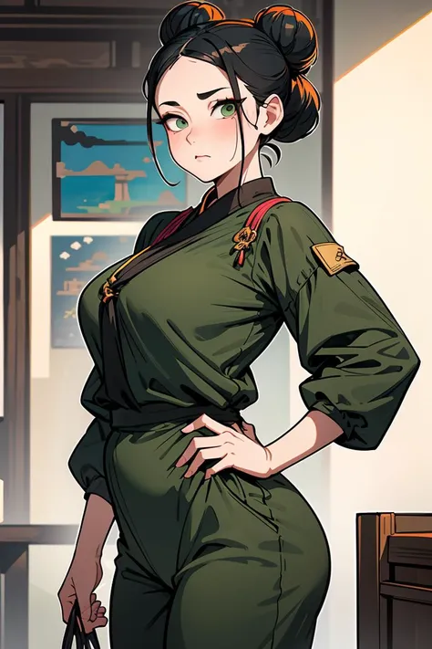 (masterpiece, best quality), female midlife, plump, east asian, dark green eyes, aquiline nose, cleft chin, unique cheeks, asymmetrical forehead, , salt and pepper
space buns hair, sadness
wearing __bo/properties/color__ satin
wrap jumpsuit, tied bandeau top, hair clip, drawstring bag
, one hand on hip, displaying attitude