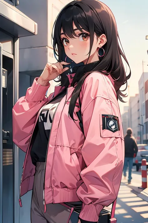 1girl,  black hair, mailbox, looking at audience,  pants, earrings, power cord, long sleeves, pink jacket,solo, outdoors, brown eyes,construction,<lora:GoodHands-beta2:1>.best quality,masterpiece,