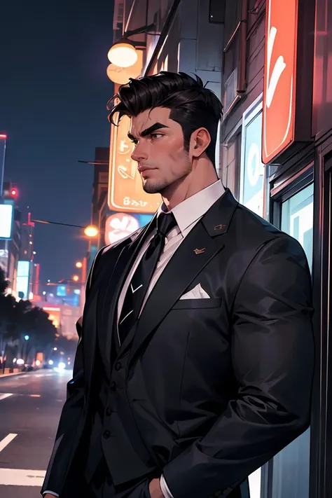 (absurdres, highres, ultra detailed, realistic, ), 1 male, solo, adult, mature, tall muscular guy, broad shoulders, handsome, very short hair, black hair, brown eyes, angular jaw, thick neck, thick eyebrows, night, dark, the night view of the city background, formal suit, necktie, upper body ,<lora:more_details:0.3>,<lora:GoodHands-beta2:1>,