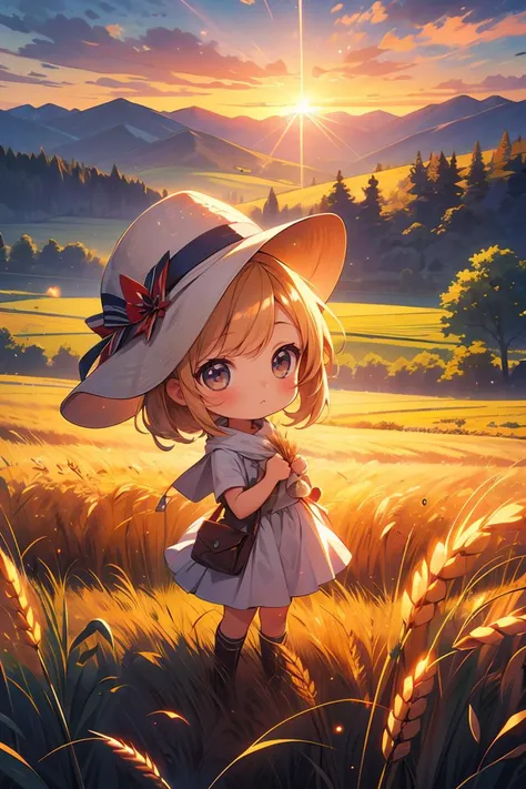 masterpiece,best quality,landscape,1girl,hat,wheat,farm,sunset,lens flare,mountain,clouds,<lora:more_details:0.3>,<lora:GoodHands-beta2:1>,(chibi:1.2),