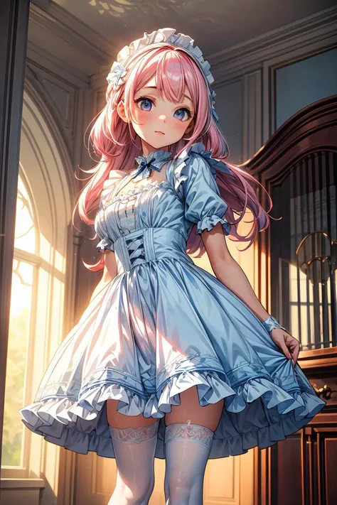 (masterpiece, best quality), 1girl, blue and white frill dress, (white stockings), pink hair, cute face, standing, indoor, intricate detail, sunlight, <lora:add_detail:1>