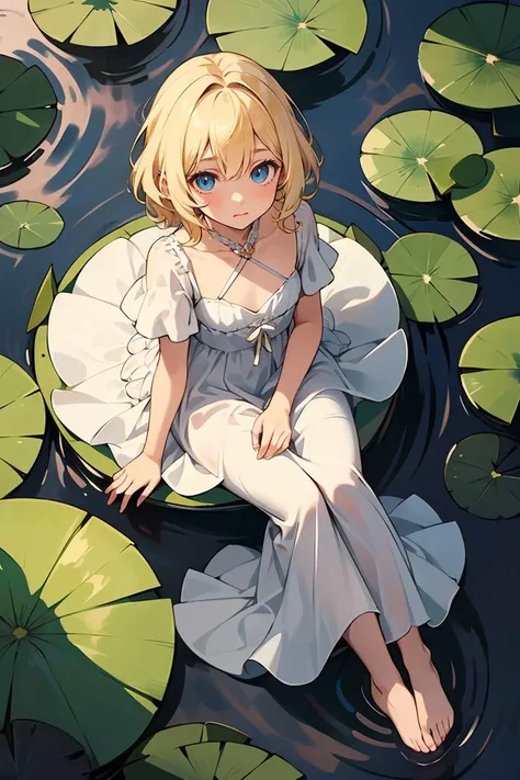 1girl,, chest,fairy,blonde hair,medium hair,french braid,white dress,from above,upturned eyes,sitting on a lotus leaf,lotus, feet in the water, ripples