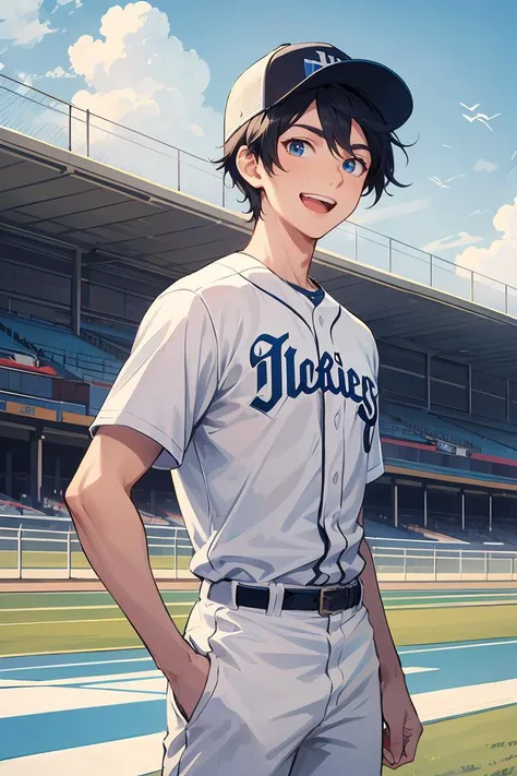 masterpiece,best quality,1male,male focus,solo,belt,blue eyes,hat,open mouth,smile,sportswear,baseball cap,white pants,pants,baseball uniform,short hair,sky,shirt,Racetrack background ,looking at viewer,black hair,blue sky,blue headwear,day,black belt,short sleeves,outdoors,standing,:d,white shirt,cowboy shot,teeth,<lora:GoodHands-beta2:1>,