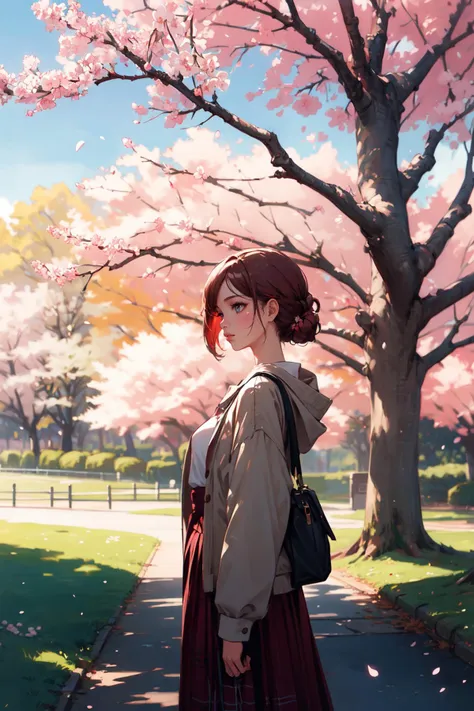 illustration, girl, autumn, leaves, park, stunning environment, cherry blossom trees, (highres, highly detailed:1.2), cinematic lighting, vibrant colors, <lora:epi_noiseoffset2:0.25>, <lora:more_details:0.25>