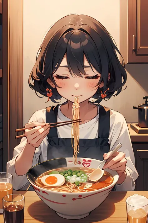 (masterpiece, best quality), 1girl, solo, cute face, kawaii, ramen, chopsticks, drinking glass, eating, heart, happy, closed eyes, closed mouth, <lora:ramen_v1.4:1>, kitchen, <lora:GoodHands-beta2:1>