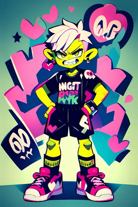 mw_tuya,text,emoji,green skin, shorts, jewelry, 1Orc, pink footwear, clenched teeth, earrings, standing, socks, pink eyes, full body, hand on hip, teeth, sneakers,white hair, skull print, heart, short hair, clothes writing, angry,<lora:MW_tuya_V1:0.8>