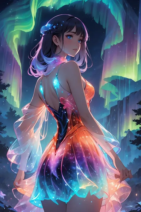 breathtaking 8k, masterpiece, solo sexy woman, (rainbow gradient bioluminescent dress),  (starry night background), nebula, aurora, ((outdoors)), dark background, from below,<lora:bioluminescent_dress-1.0:1>,bioluminescent dress,