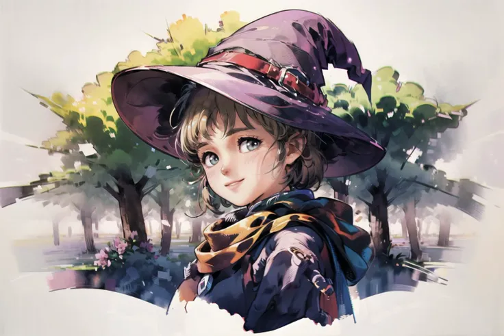 Canon EOS-1Ds Mark II,masterpiece,best quality,absurdres,detailed background,perfect correct anatomy,portrain,looking at viewer,1girl,solo,a young elf:1.3 witch in a fantasy forest,looking in surprise,shy,smile eyes,day,sunlight,witch hat,witches belt,(brilliant blonde:1.2 hair),witches clothes,pastel colors,soft shadow,chromatic aberration,<lora:add_detail:0.43>,<lyco:GoodHands-beta2:1>,<lora:age_slider_v6:-2>,<lora:Kitazume_Hiroyuki_style_v01:0.75>,21thkitazume,<lora:try2:0.75>