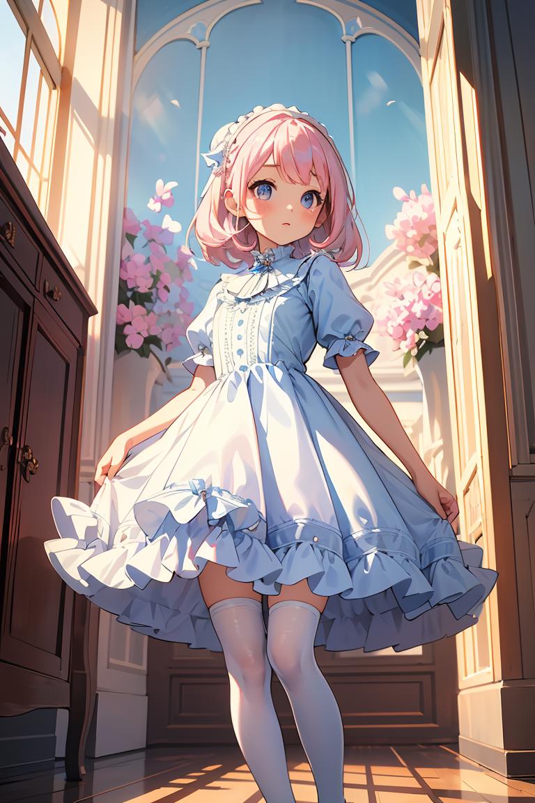 Anime girl in a blue dress standing in a doorway - SeaArt AI
