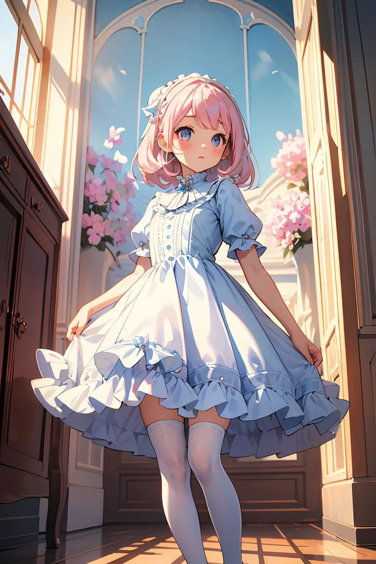 (masterpiece, best quality), 1girl, blue and white frill dress, (white stockings), pink hair, cute face, standing, indoor, intricate detail, sunlight,