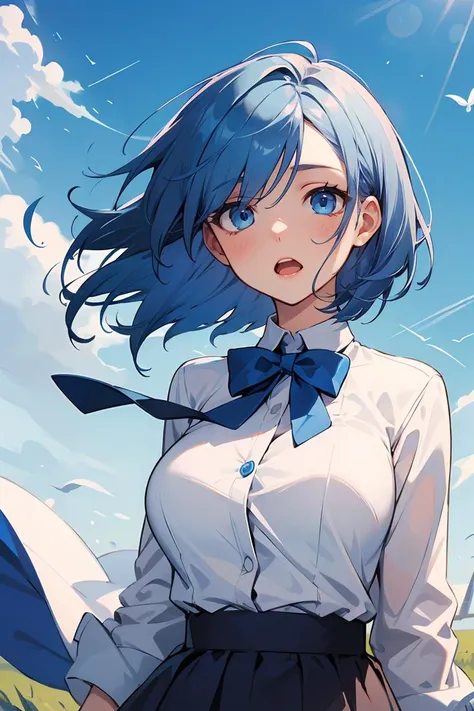 masterpiece, best quality, solo, petite, short hair, blue hair, straight hair, blue eyes, white shirt, open mouth, bowtie, large breasts, button gap, blank eyes, blue sky, wind,