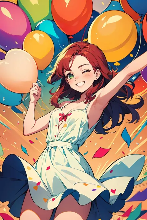 Comic style,illustration,line art style,illustrated cowboy shot of (22 years old ([Amy Adams|Kate Bosworth])) with auburn colored hair and pale green eyes dancing,celebrating,(balloons and confetti),eyes closed,big grin,happy,wearing sundress,small breasts,cleavage,party,(heart shaped balloons) flying in the air,celebration,high energy,uhd,absurdres,dynamic lighting,dynamic pose,hand drawn style,bright colors,fun explosion background,<lora:GoodHands-beta2:1>,