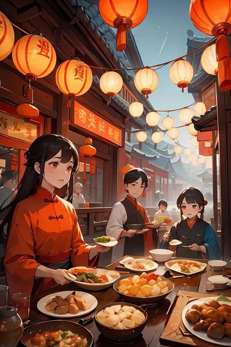 an image of an oriental family at dinner with many dishes, in the style of colorful animation stills, chinese new year festivities, editorial illustrations, fluid dynamic brushwork, grandparentcore, northern china's terrain, light white and light orange,<lora:GoodHands-beta2:1>