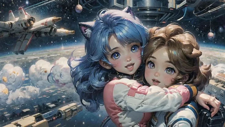 Fujifilm FinePix S6800,masterpiece,best quality,absurdres,detailed background,perfect correct anatomy,a young  (nekogirl and doggirl planetarians:1.25),([hugs:medium:1.45] in space:1.3),happy,smele eyes,space,stars,galaxy,space ship on background,futuristic space suit,(brilliant:1.2 hair),long floofy hair,wild hair,pastel colors,soft shadow,chromatic aberration,ambient cclusion,cimenatic light,<lora:add_detail:0.43>,<lyco:GoodHands-beta2:1>,<lora:age_slider_v6:-2>,<lora:hado_style_v01.1final:0.65>,<lora:oil_painting_v1:0.85>,<lora:Kitazume_Hiroyuki_style_v01.08:0.5>,21thkitazume,<lora:HerrscherAGGA2023_CuteMaster_PastelStyle:0.45>,AGGA_ST004,<lora:HerrscherAGGA2023_WeatherMix_V2:0.4>,AGGA_ST002,bright pupils