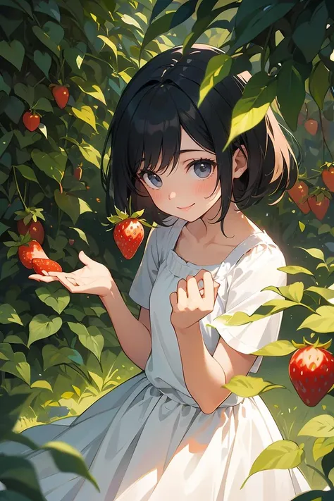 masterpiece,best quality,ultra detailed background, BREAK light colors,daylight,focus on girl,depth of field,translucent layers, Blending with Plants, fluid textures, subtle hues, organic forms, poetic atmosphere, BREAK Smiling little girl picking strawberries from the vegetable garden,<lora:GoodHands-beta2:1>